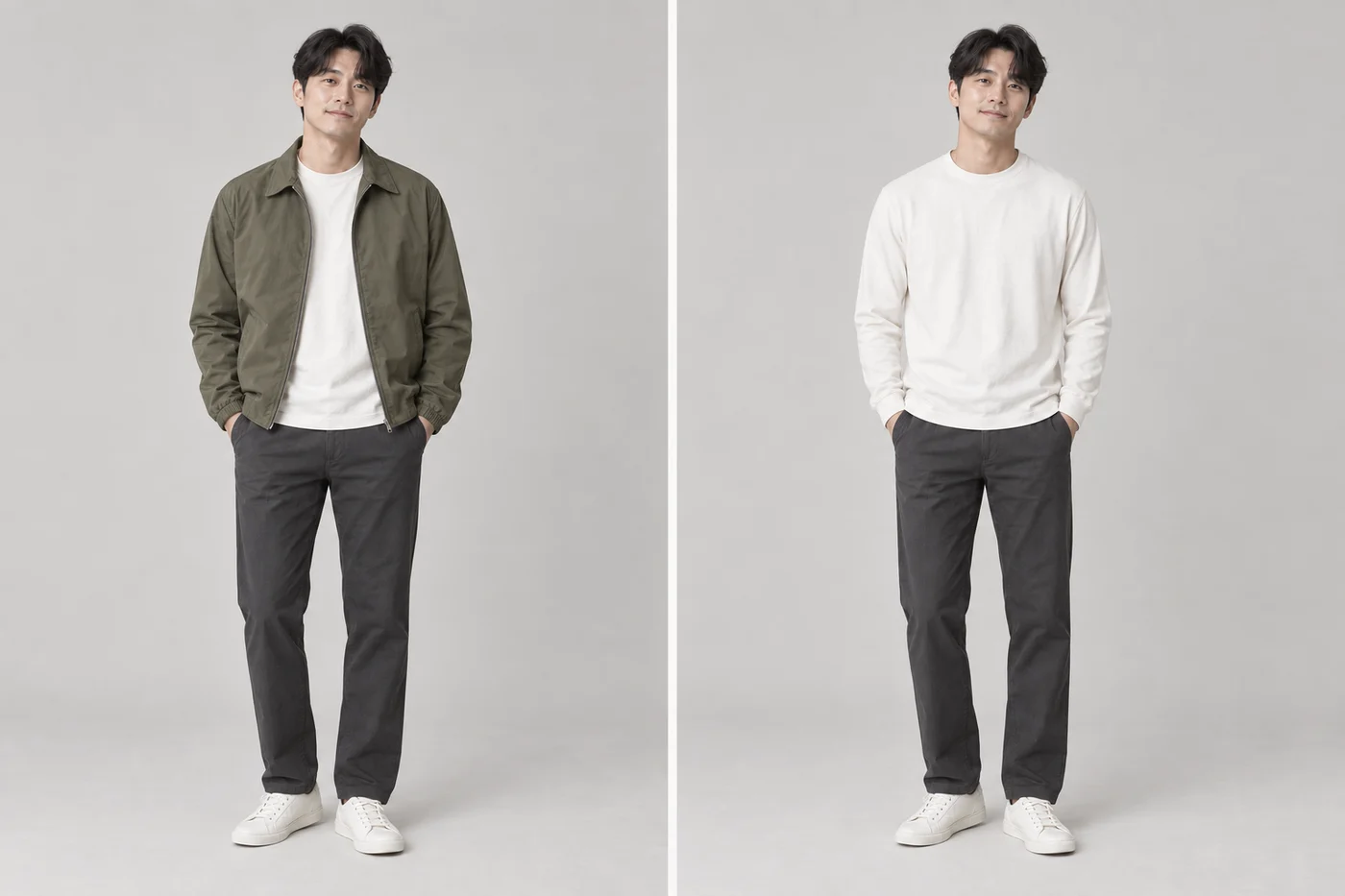 올리브 블루종을 입은 남성 코디와 블루종을 벗고 아이보리 긴팔티, 차콜 치노와 밝은 운동화를 유지한 코디 비교