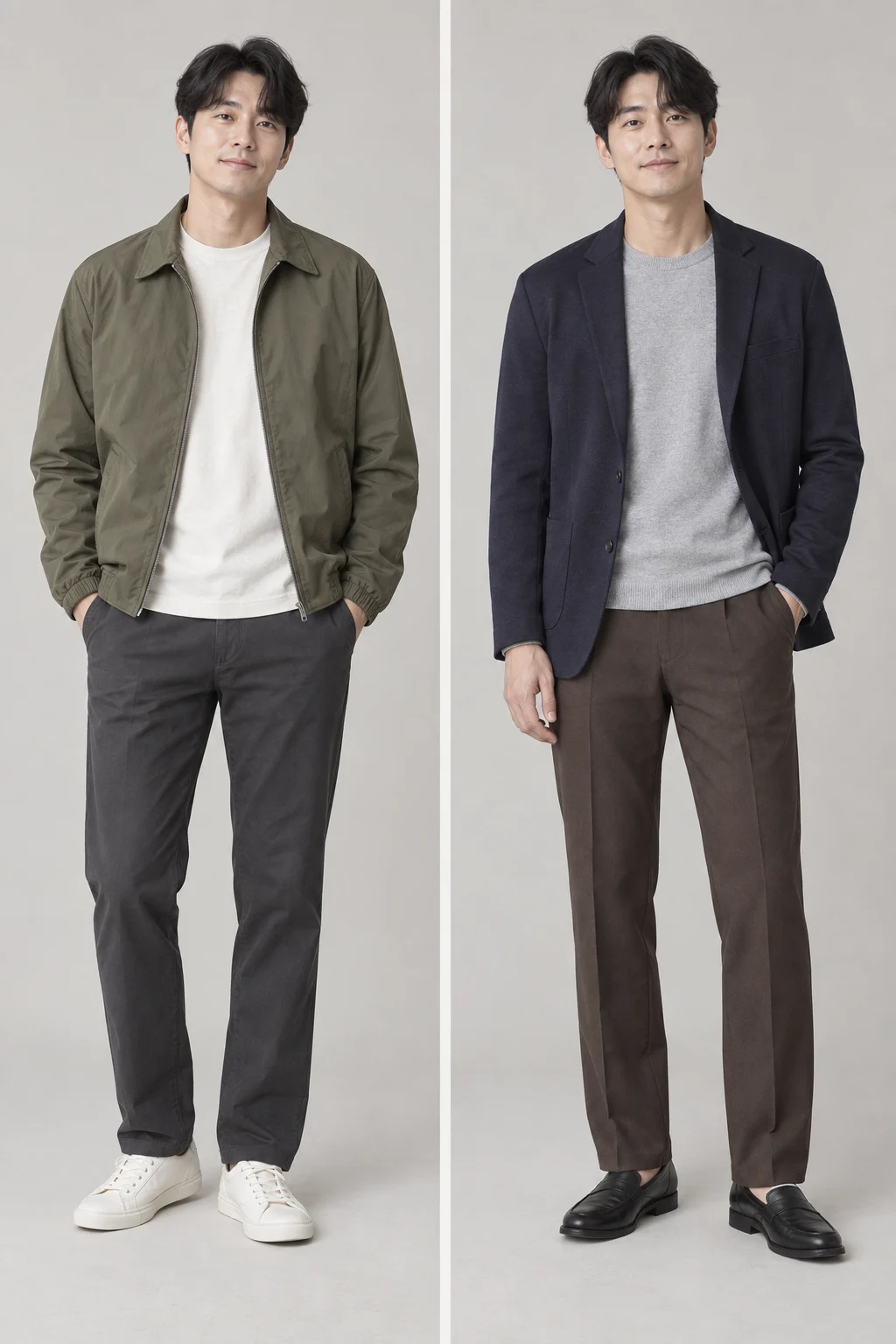 왼쪽은 올리브 블루종과 아이보리 상의, 차콜 치노와 밝은 운동화, 오른쪽은 네이비 재킷과 회색 니트, 브라운 슬랙스와 검정 로퍼를 조합한 남성 코디